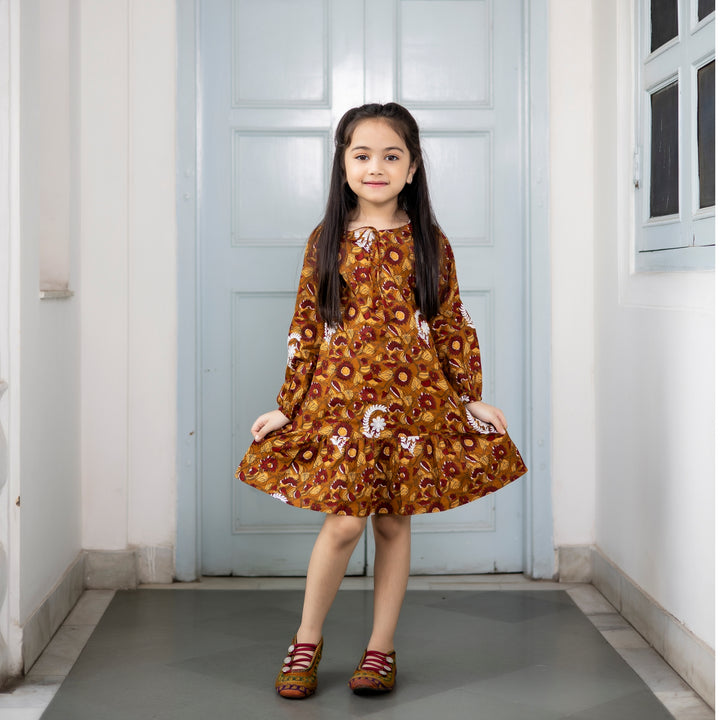 Cotton Mustard Floral Embroidered Mom and Daughter Dresses