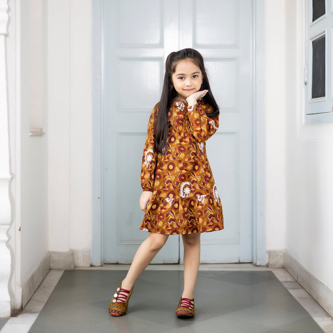 Cotton Mustard Floral Embroidered Mom and Daughter Dresses