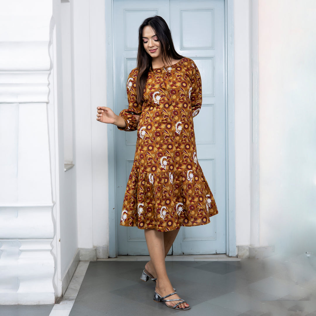 Cotton Mustard Floral Embroidered Mom and Daughter Dresses