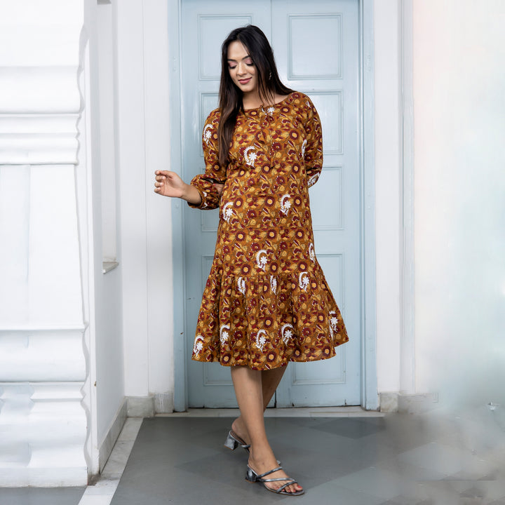 Cotton Mustard Floral Embroidered Mom and Daughter Dresses