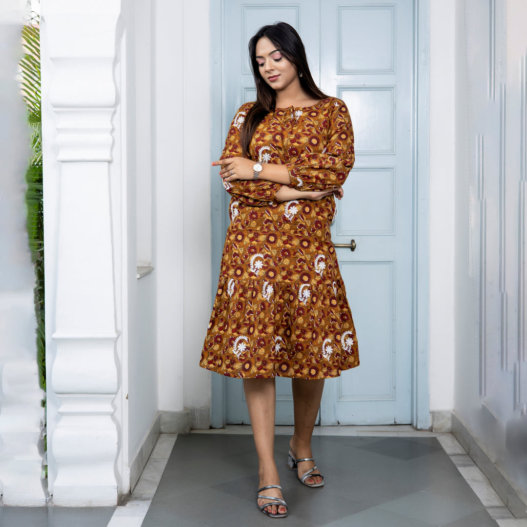 Cotton Mustard Floral Embroidered Mom and Daughter Dresses