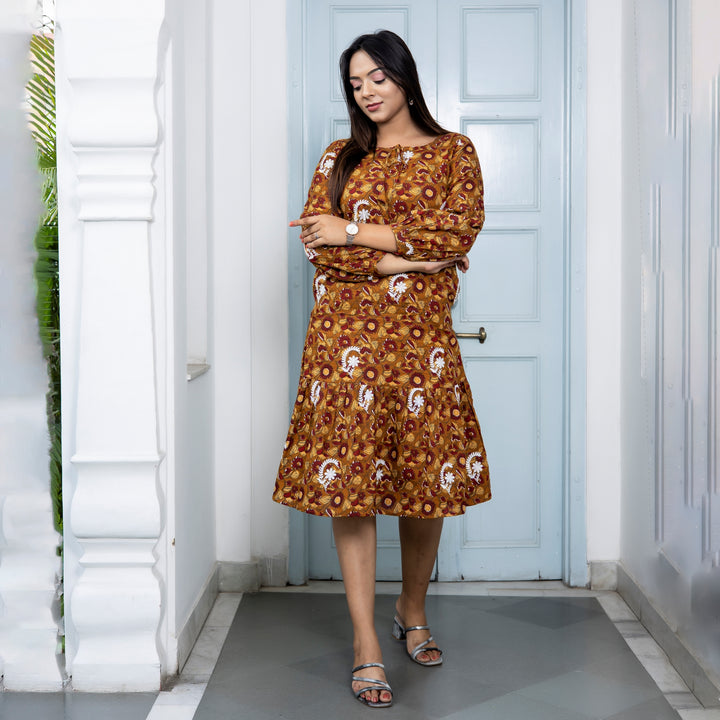Cotton Mustard Floral Embroidered Mom and Daughter Dresses