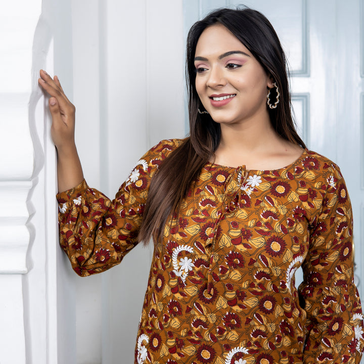 Cotton Mustard Floral Embroidered Mom and Daughter Dresses