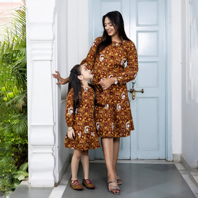 Cotton Mustard Floral Embroidered Mom and Daughter Dresses