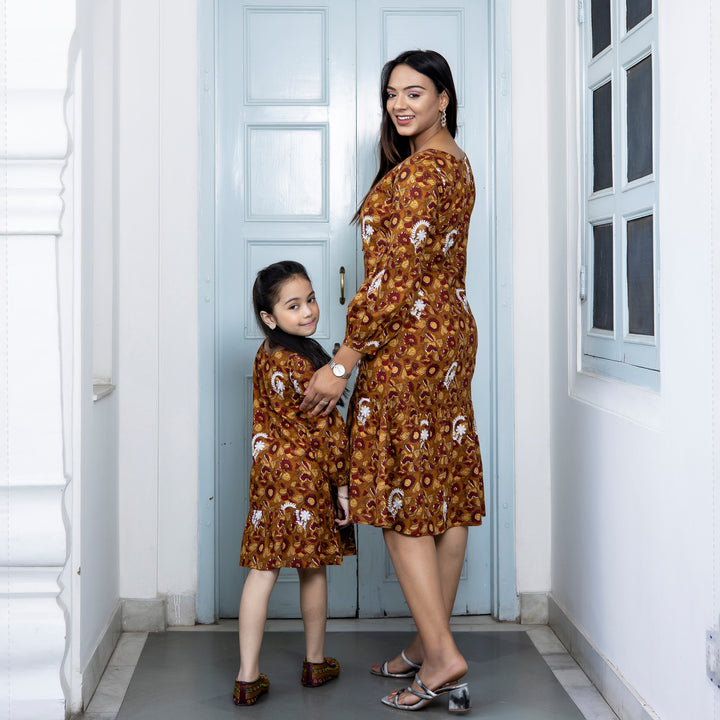 Cotton Mustard Floral Embroidered Mom and Daughter Dresses