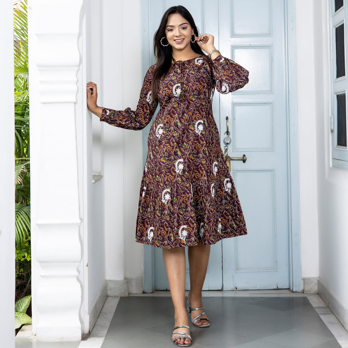 Cotton Brown Embroidered Dress with Pockets