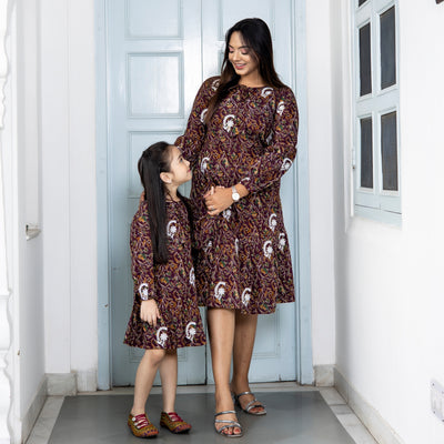 Cotton Brown Embroidered Mom and Daughter Dresses