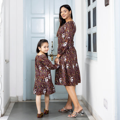 Cotton Brown Embroidered Mom and Daughter Dresses