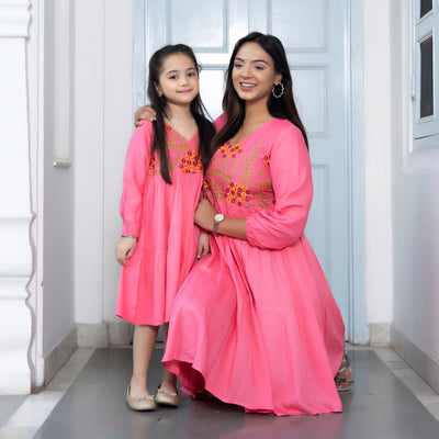 Rayon Pink Embroidered Mom and Daughter Tiered Dresses