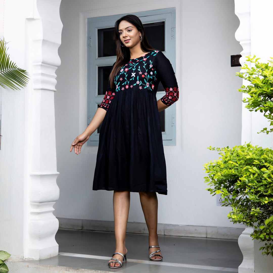 Rayon Black Embroidered Mom and Daughter Dresses