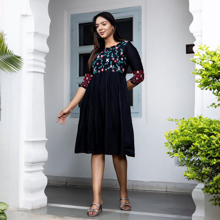Rayon Black Embroidered Mom and Daughter Dresses