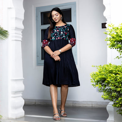 Rayon Black Embroidered Dress with Pockets