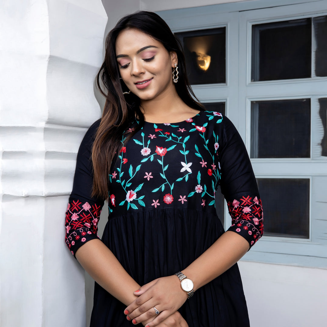 Rayon Black Embroidered Dress with Pockets