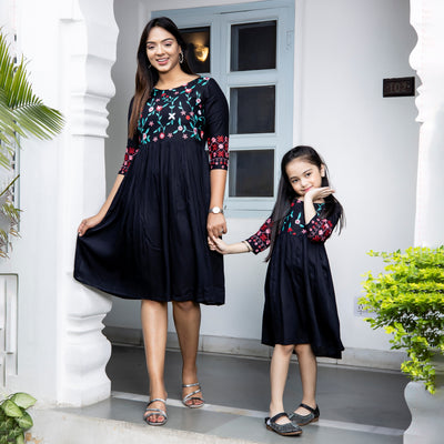 Rayon Black Embroidered Mom and Daughter Dresses