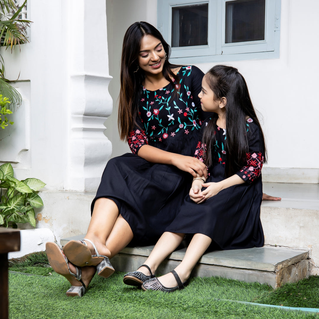 Rayon Black Embroidered Mom and Daughter Dresses – Fashiana