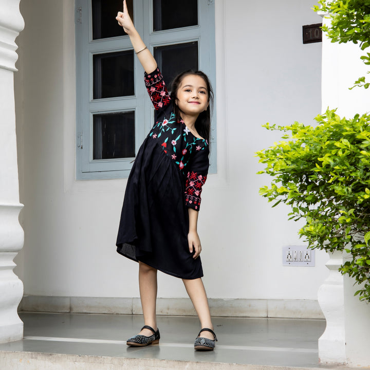 Rayon Black Embroidered Mom and Daughter Dresses