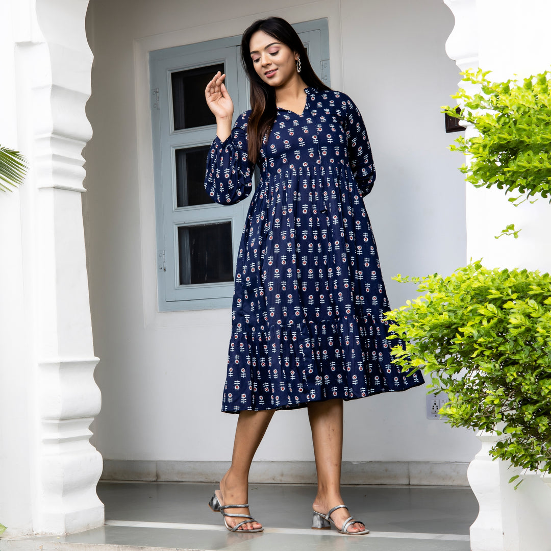 Cloud Burst Blue Tiered Cotton Dress with Pockets