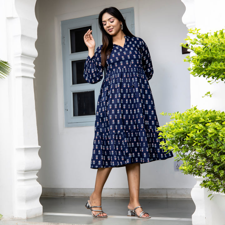 Cloud Burst Blue Tiered Cotton Dress with Pockets