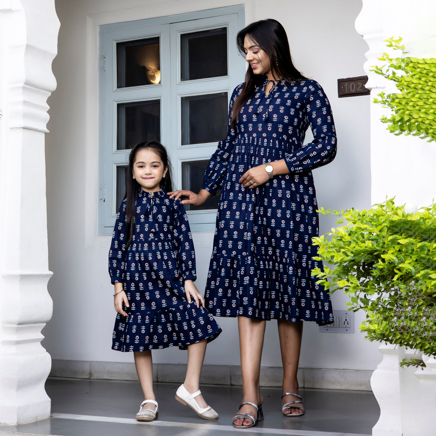 Cloud Burst Blue Mom and Daughter Tiered Dresses