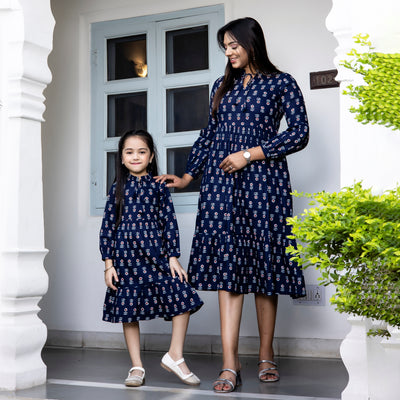 Cloud Burst Blue Mom and Daughter Tiered Dresses