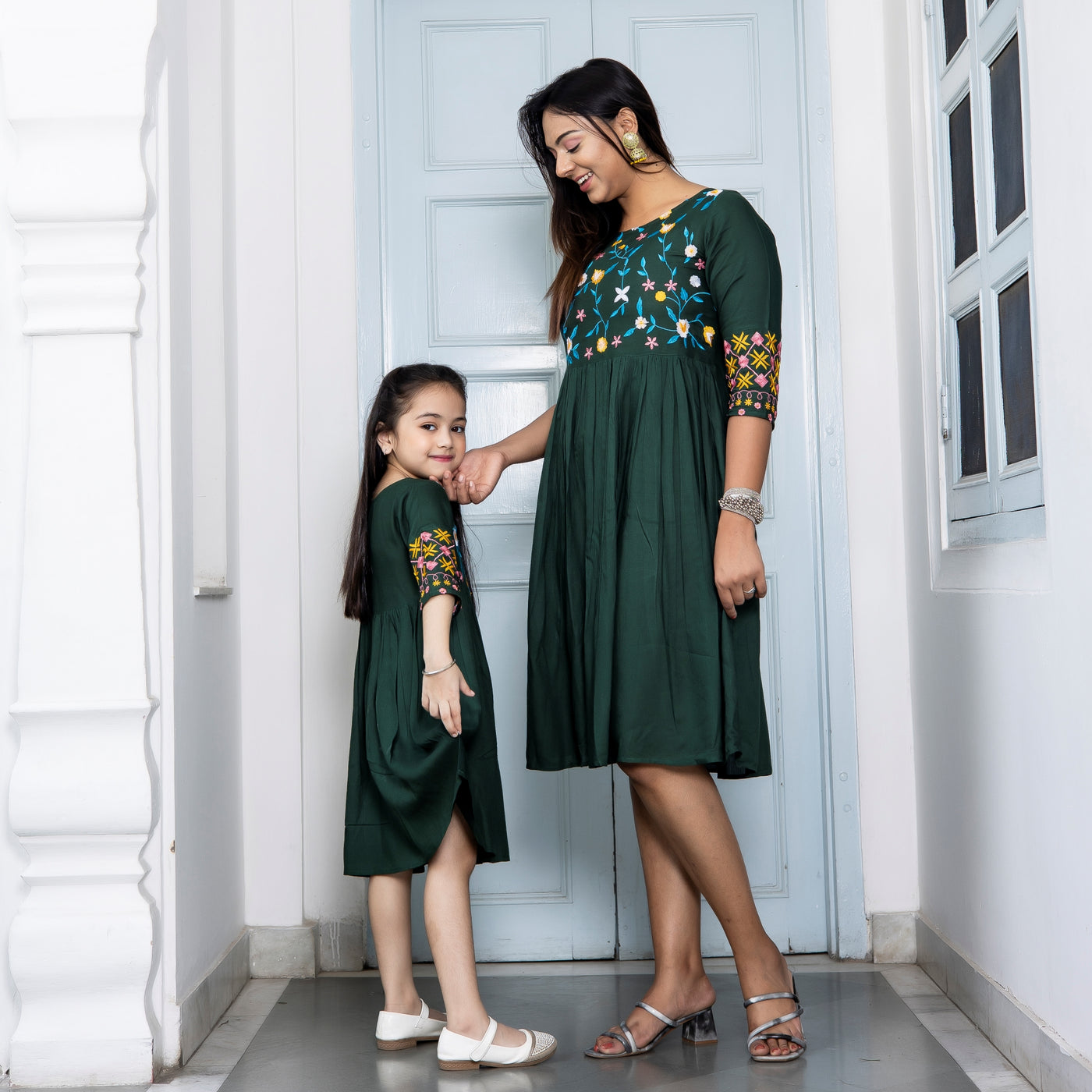Rayon Green Embroidered Mom and Daughter Dresses