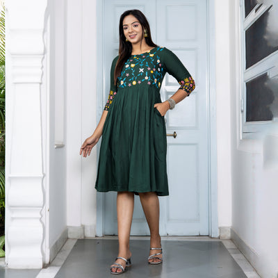 Rayon Bottle Green Embroidered Dress with Pockets