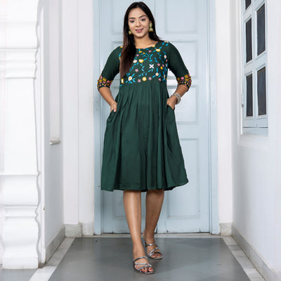 Rayon Bottle Green Embroidered Dress with Pockets
