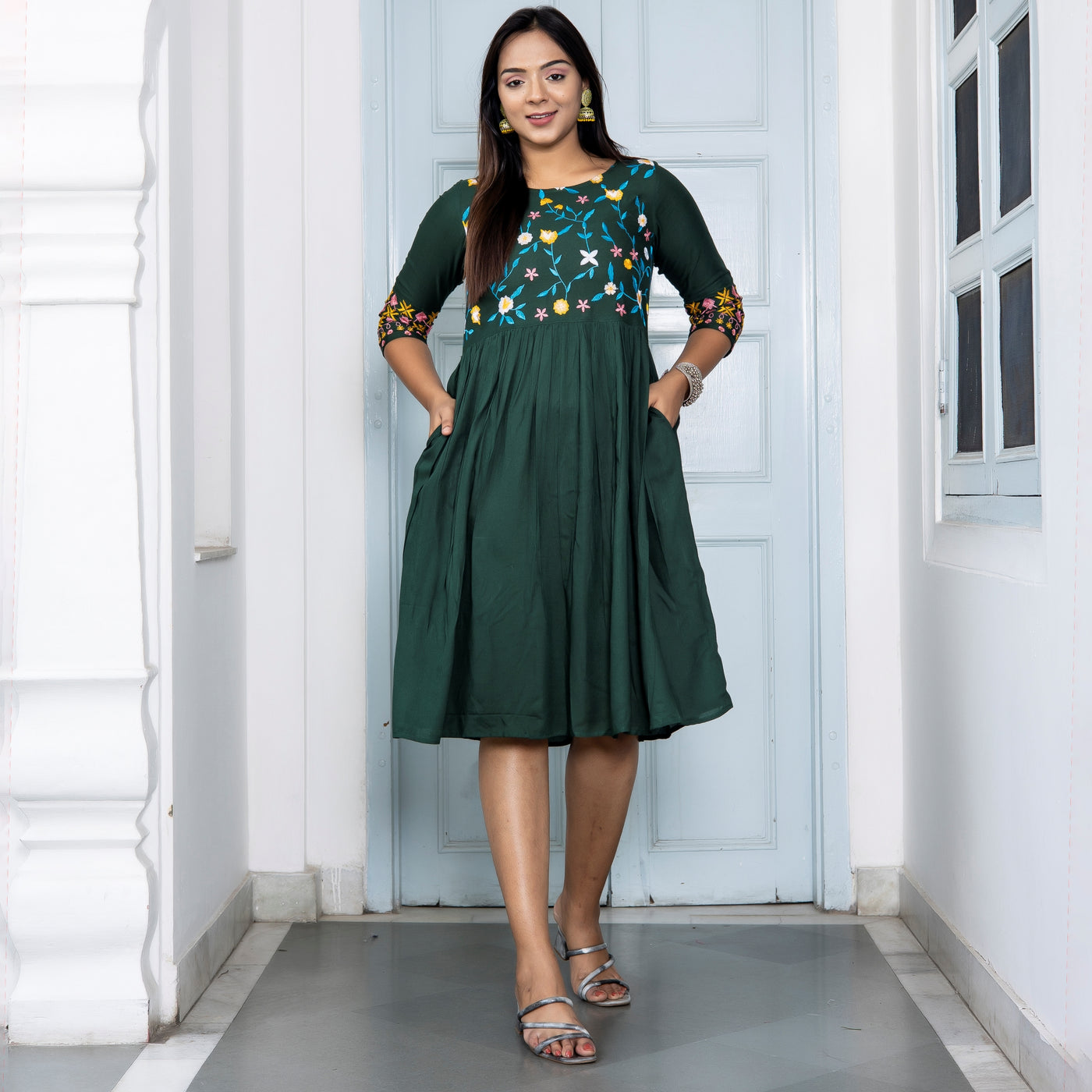 Rayon Green Embroidered Mom and Daughter Dresses