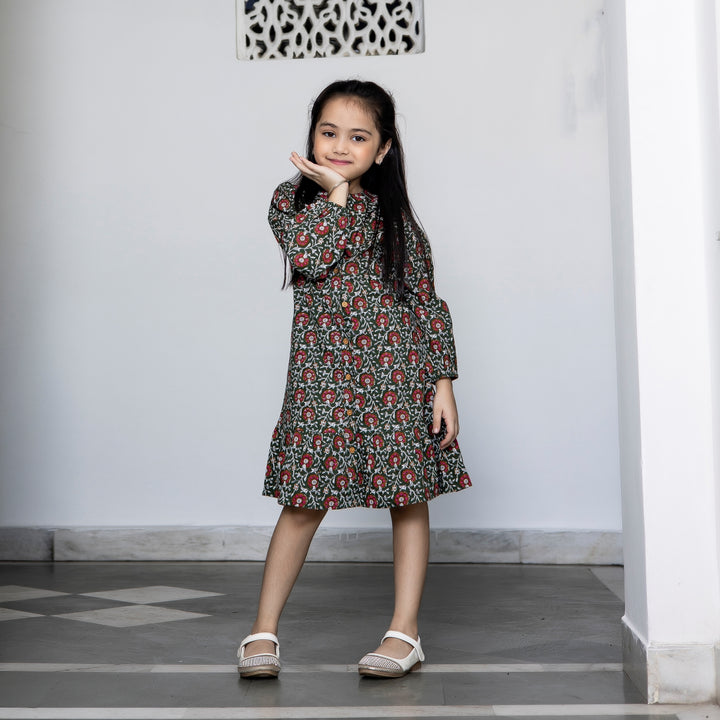 Dark Green Floral Print Button Down Mom and Daughter Dresses