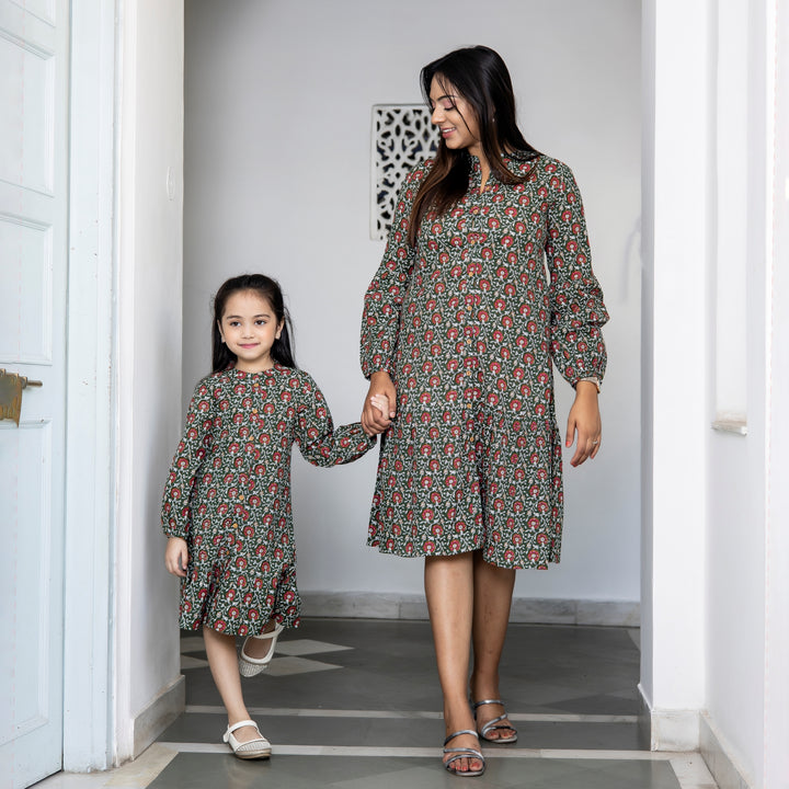 Dark Green Floral Print Button Down Mom and Daughter Dresses