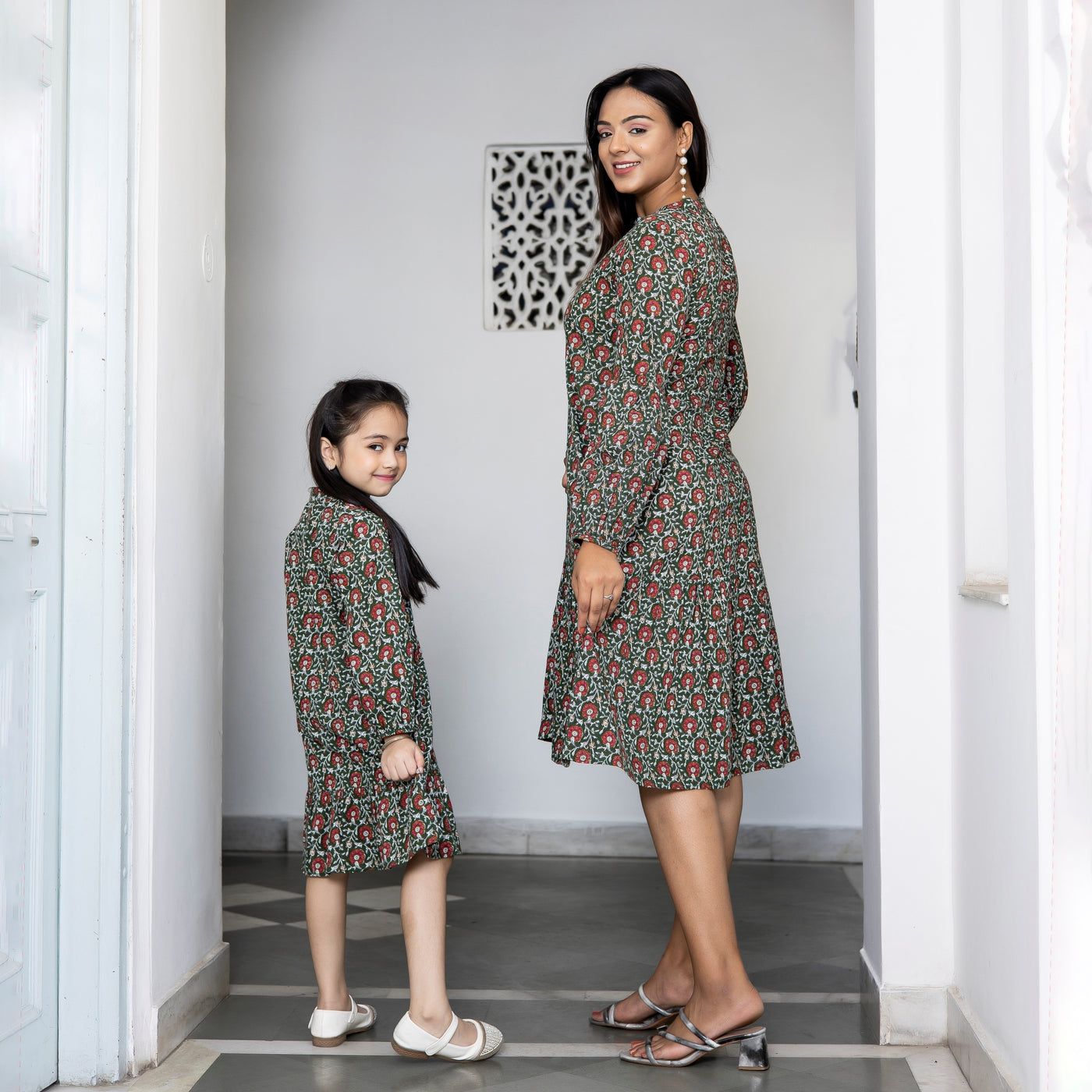 Dark Green Floral Print Button Down Mom and Daughter Dresses