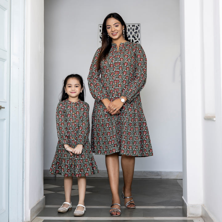 Dark Green Floral Print Button Down Mom and Daughter Dresses