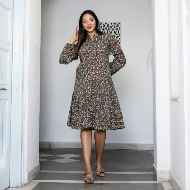 Dark Green Floral Print Button Down Mom and Daughter Dresses