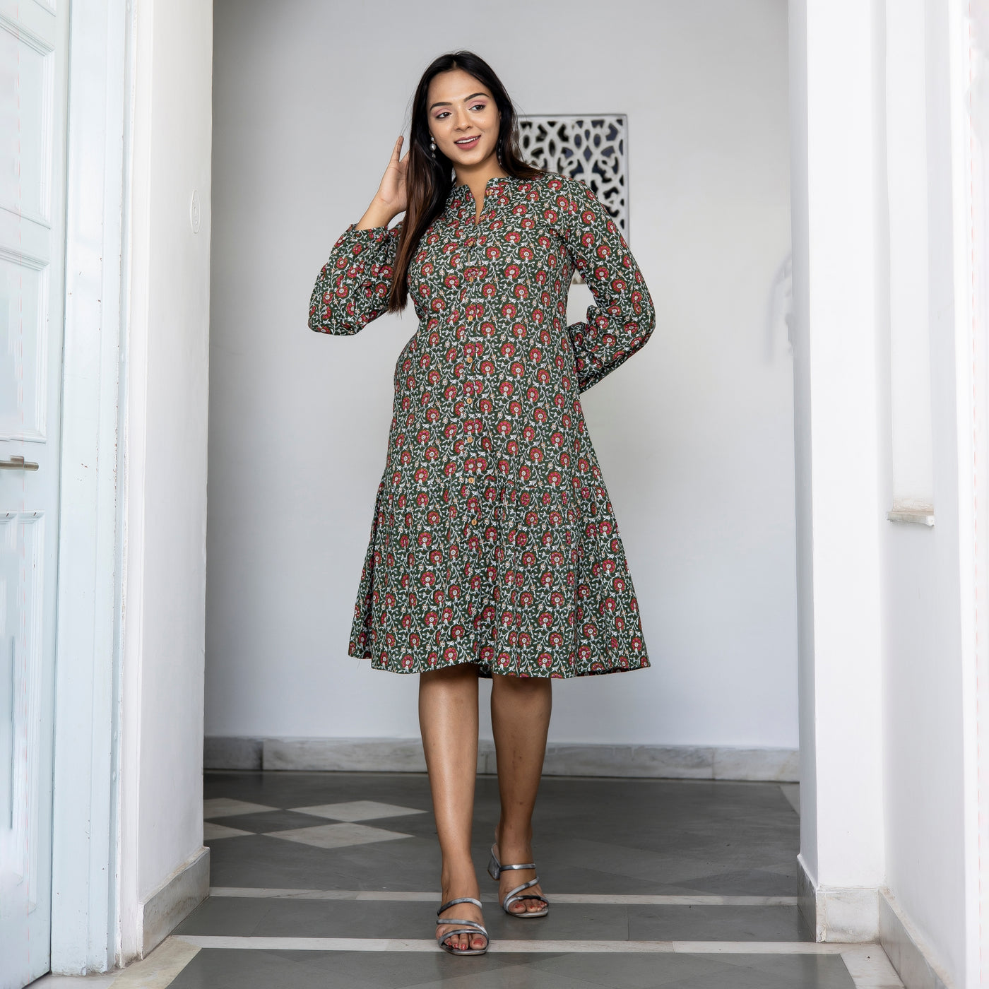 Dark Green Floral Print Button Down Dress with Pockets