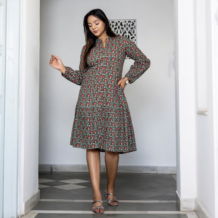 Dark Green Floral Print Button Down Mom and Daughter Dresses