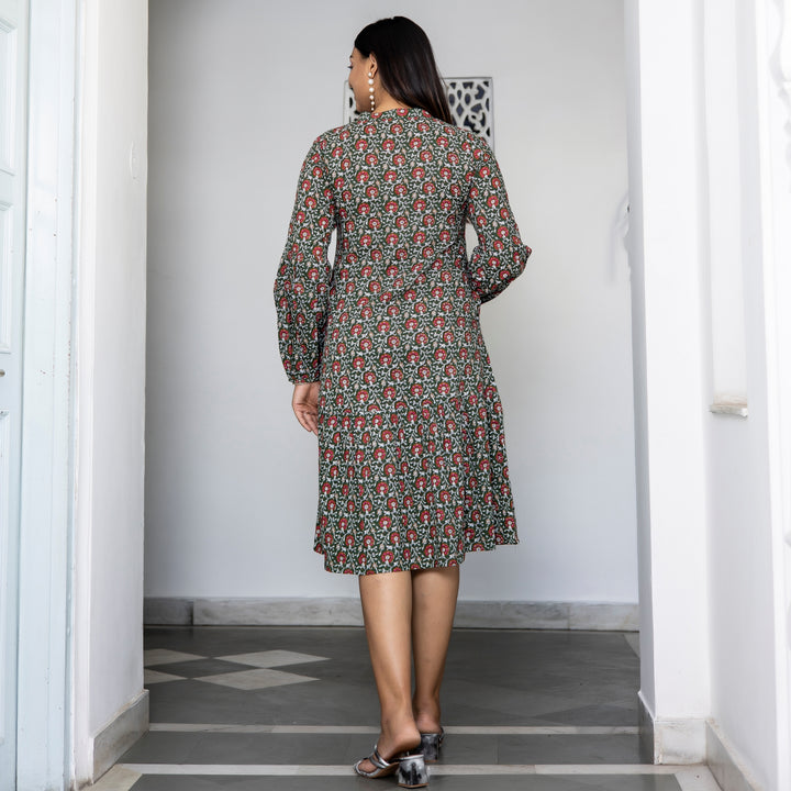 Dark Green Floral Print Button Down Dress with Pockets