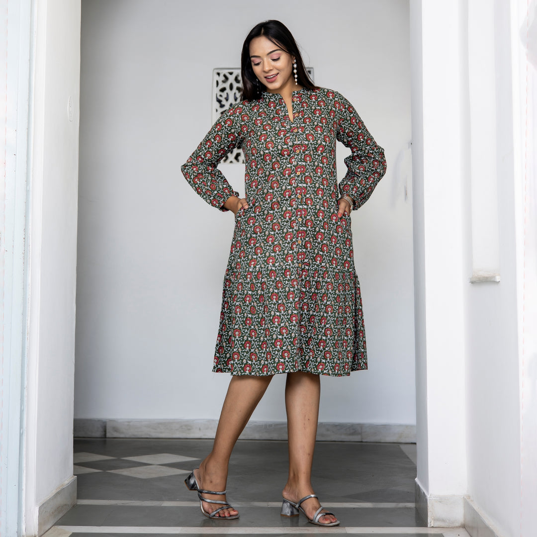 Dark Green Floral Print Button Down Dress with Pockets