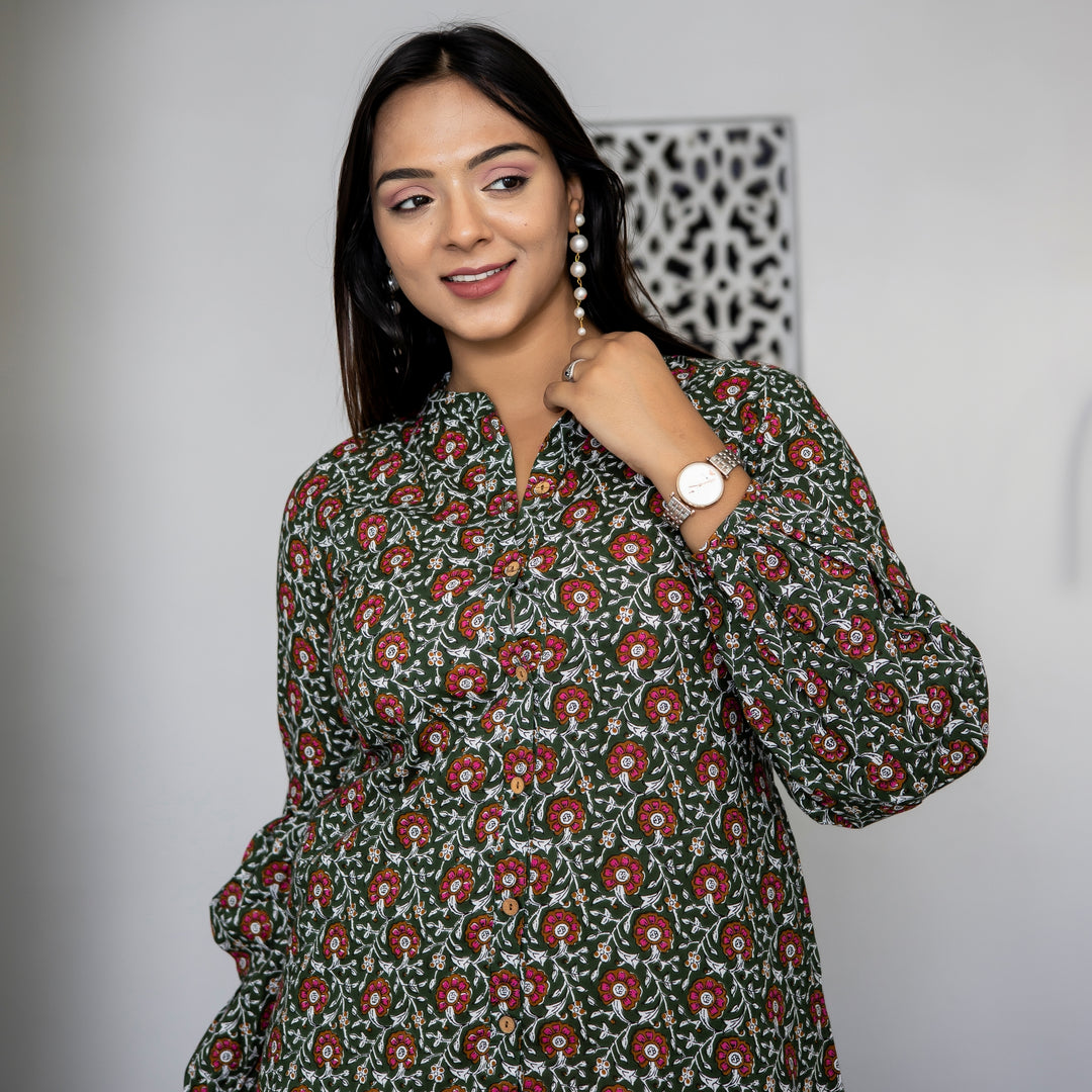Dark Green Floral Print Button Down Dress with Pockets