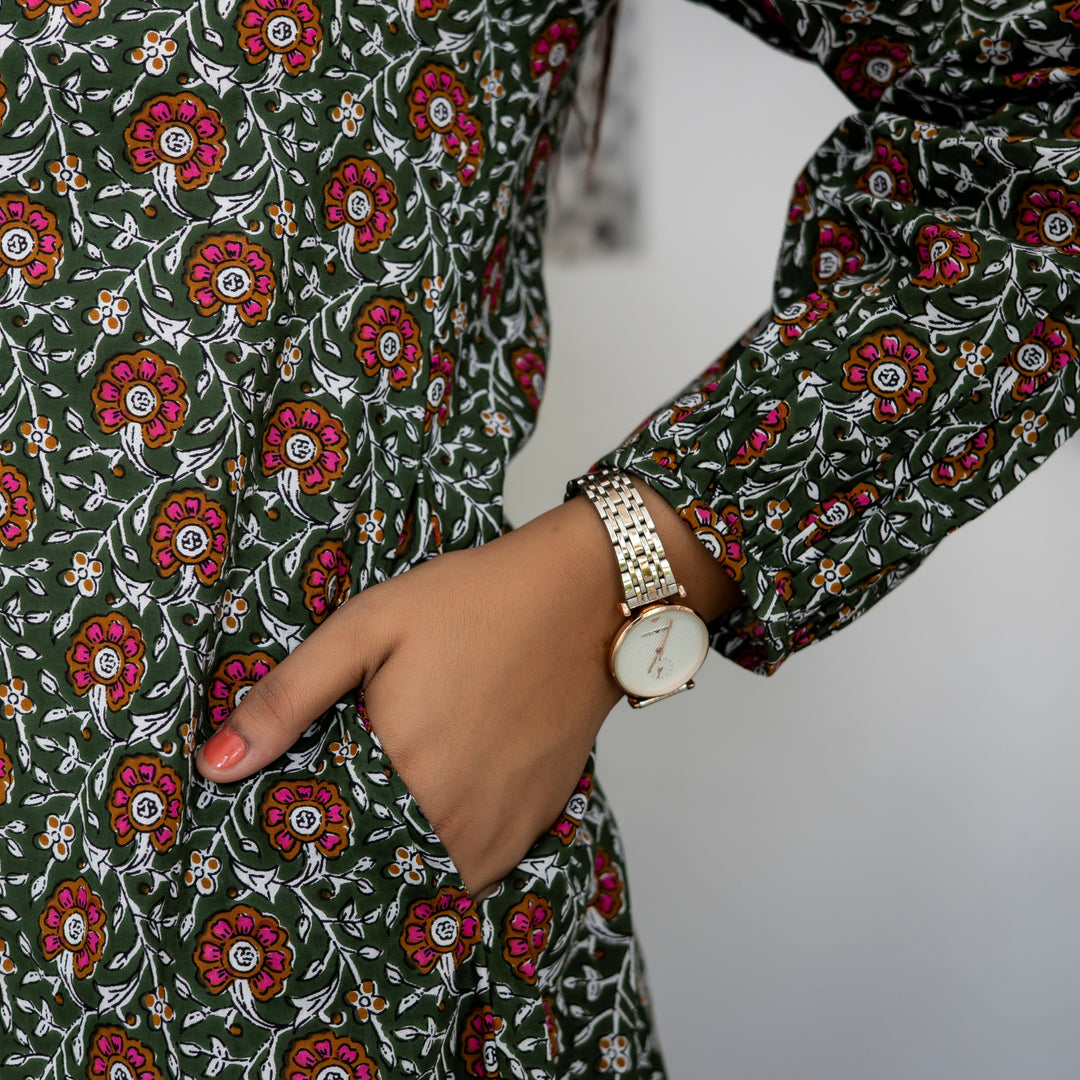 Dark Green Floral Print Button Down Dress with Pockets