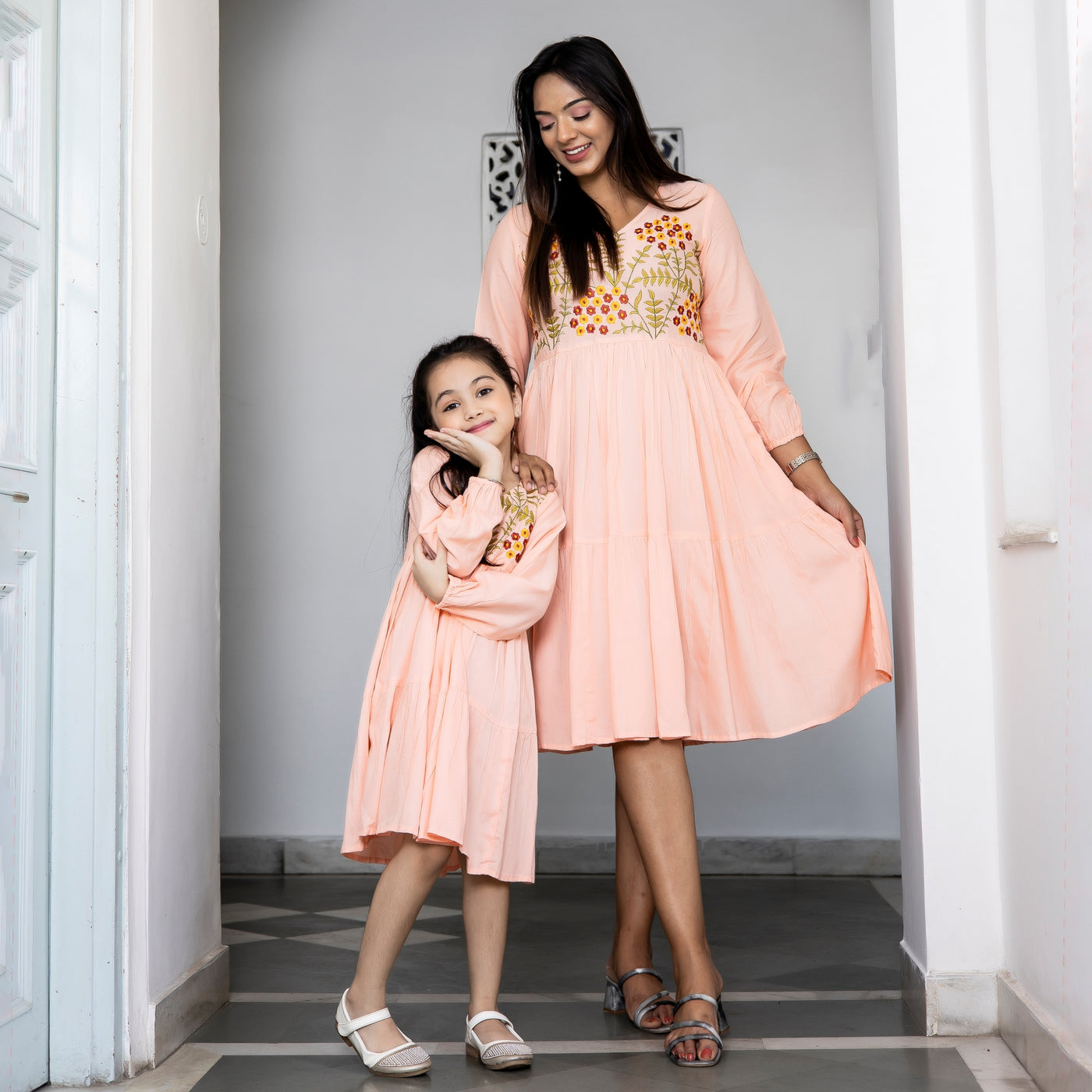 Rayon Peach Embroidered Mom and Daughter Tiered Dresses