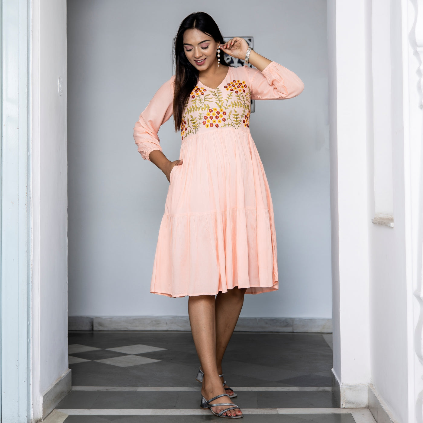 Rayon Peach Embroidered Tiered Dress with Pockets