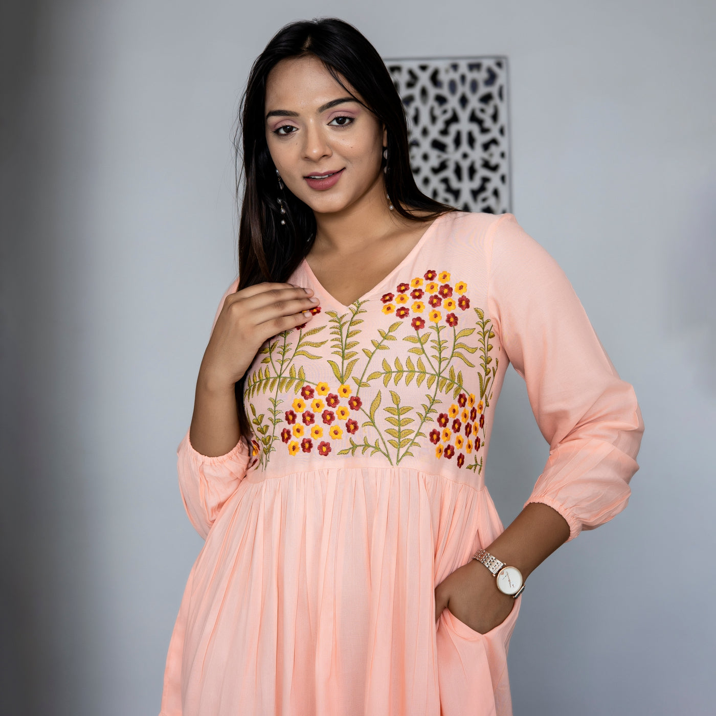 Rayon Peach Embroidered Mom and Daughter Tiered Dresses