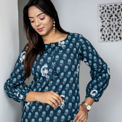 Cotton Teal Booti Embroidered Dress with Pockets