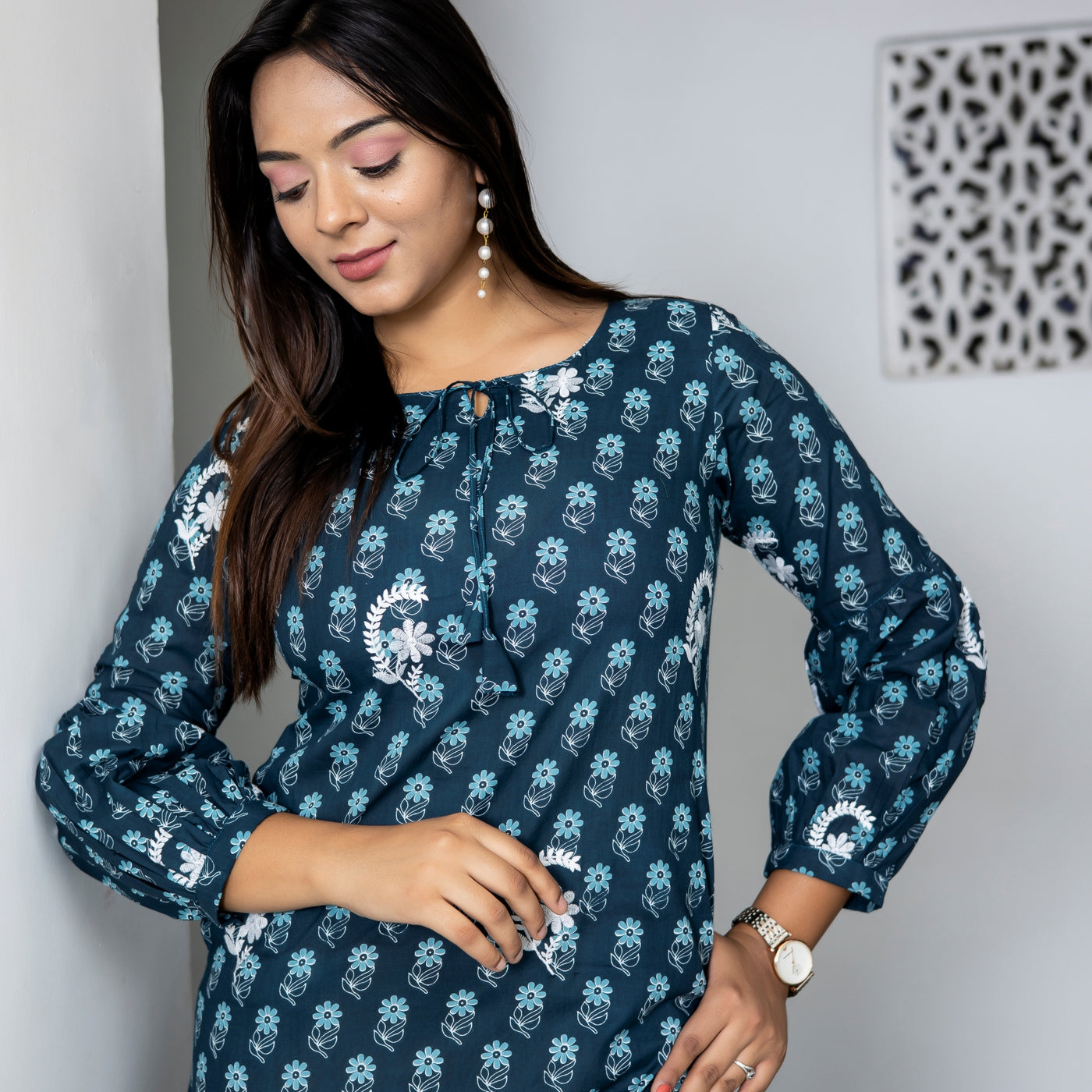 Cotton Teal Booti Embroidered Embroidered Mom and Daughter Dresses