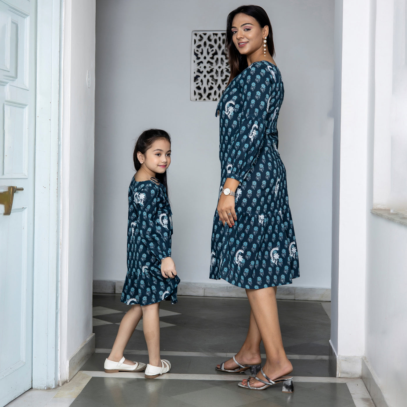 Cotton Teal Booti Embroidered Embroidered Mom and Daughter Dresses