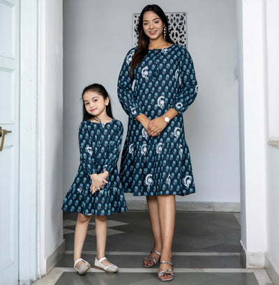 Cotton Teal Booti Embroidered Embroidered Mom and Daughter Dresses