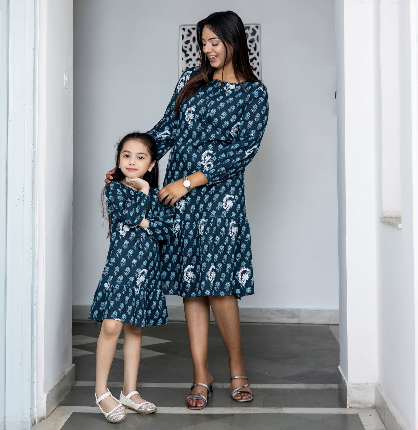 Cotton Teal Booti Embroidered Embroidered Mom and Daughter Dresses