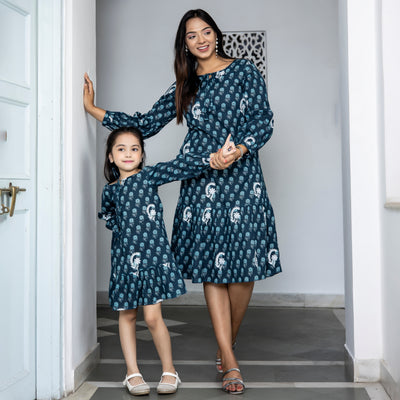 Cotton Teal Booti Embroidered Embroidered Mom and Daughter Dresses