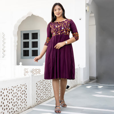 Rayon Wine Embroidered Mom and Daughter Dresses