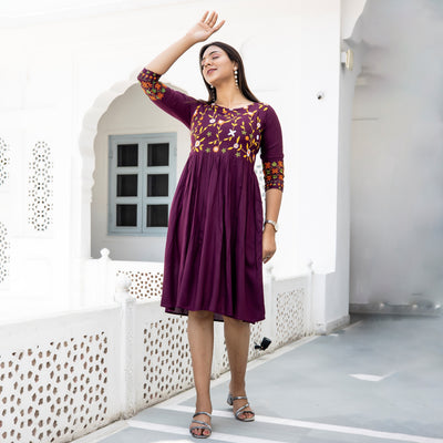Rayon Wine Embroidered Dress with Pockets